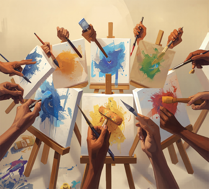 Mostra collettiva con opere di diversi artisti esposte lungo le pareti