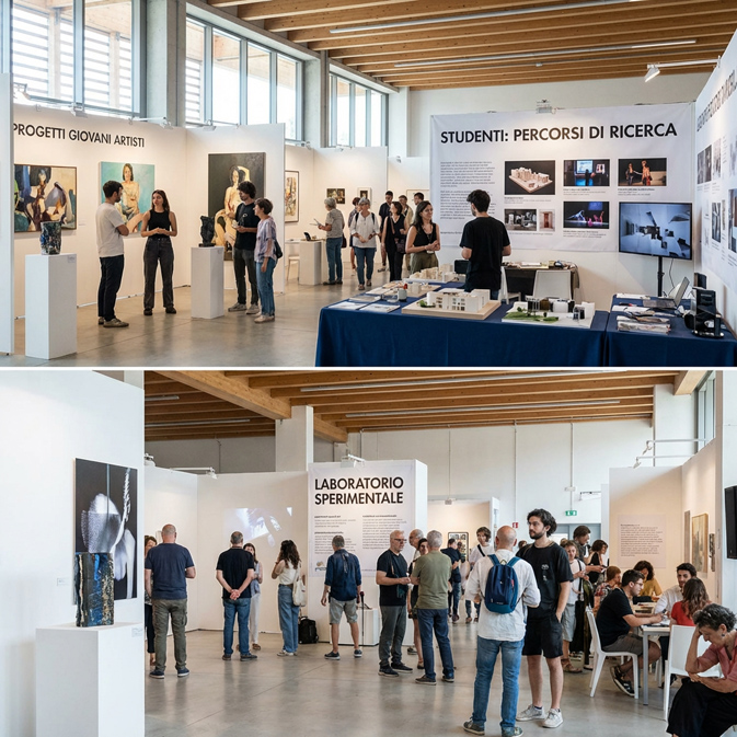 Giovani artisti durante un allestimento di mostra collettiva