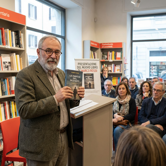 Presentazione di un libro con autore che parla al pubblico