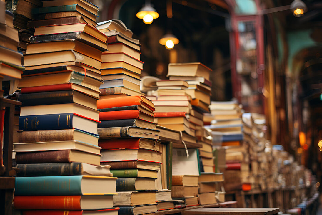 Tavolo con libri aperti durante una lettura pubblica in associazione